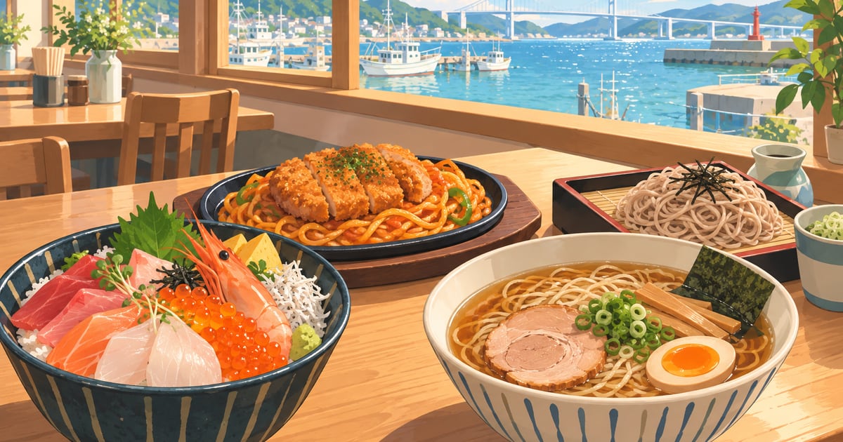 港が見える食堂のテーブルに海鮮丼・スパカツ・ラーメン・そばが並ぶ、釧路ランチのイラスト