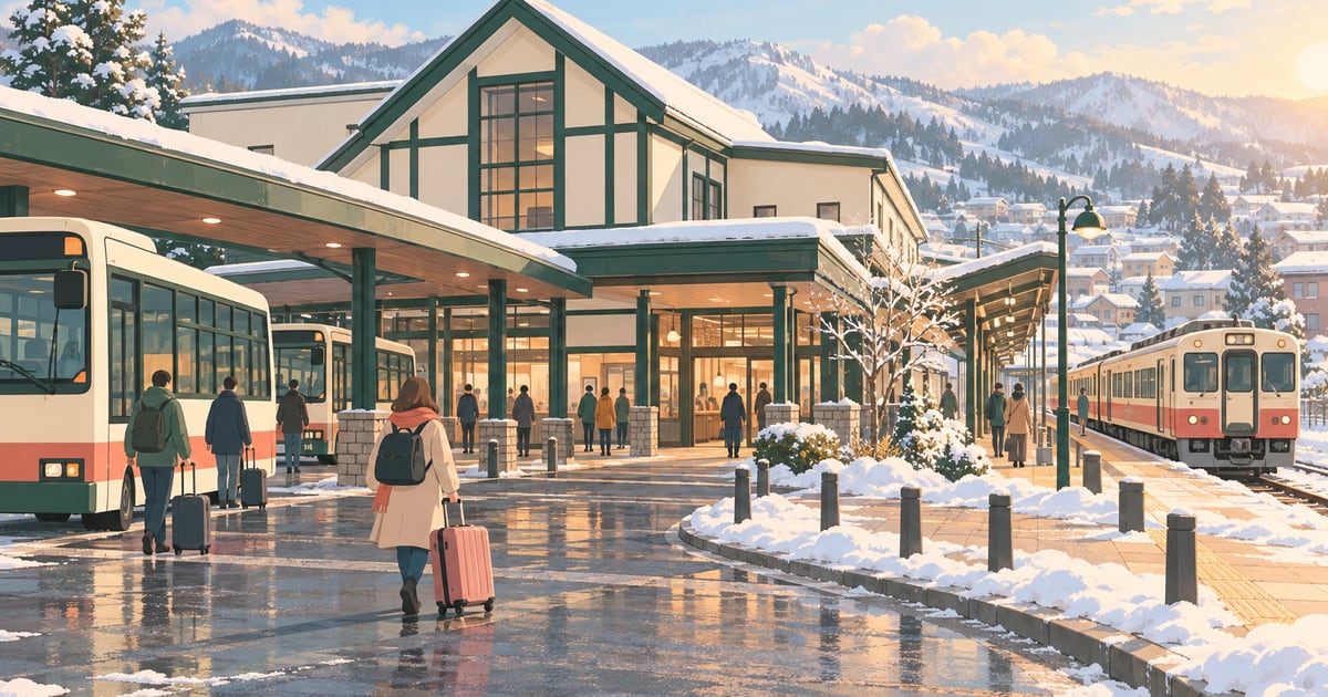 雪の残る駅舎と駅前のバスのりば、スーツケースを引く旅行者と停車中の列車を描いた釧路駅ガイドのイラスト